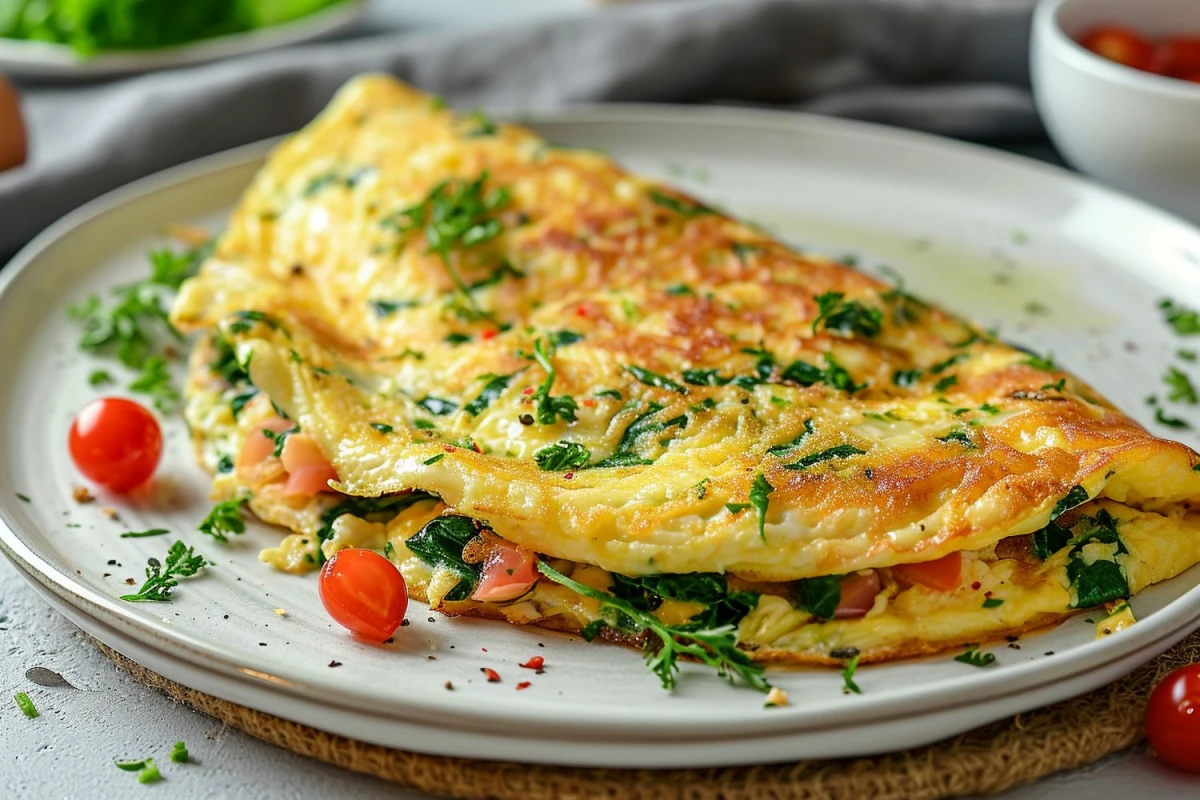 Omlet z serka wiejskiego na białym talerzu